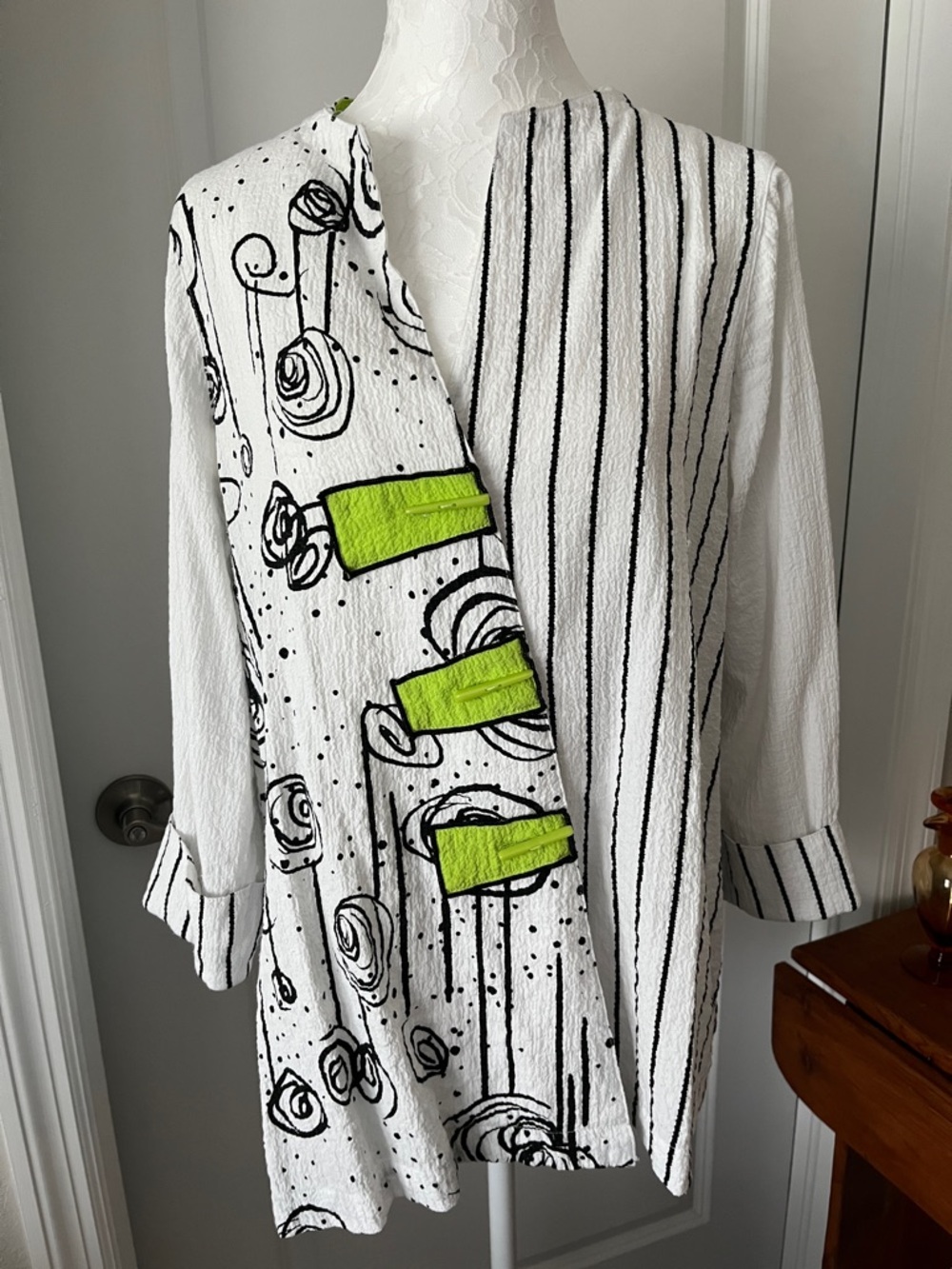 All Miles Abstract Doodles   Tunic with Lime Trim Toggle Closures Tunic /Jacket